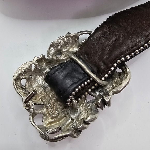 Vintage Fahrenheit NY Wide Black Leather Belt‎ Pewter Buckle 80s Wearable Art main image 4